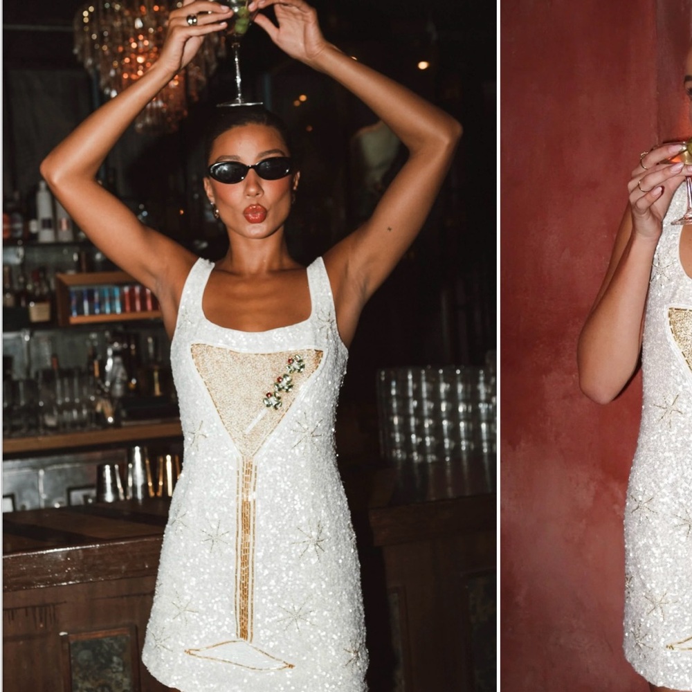 Lets Go Mini Martini Dress- Show Me Your MuMu- White and Gold Mini Dress